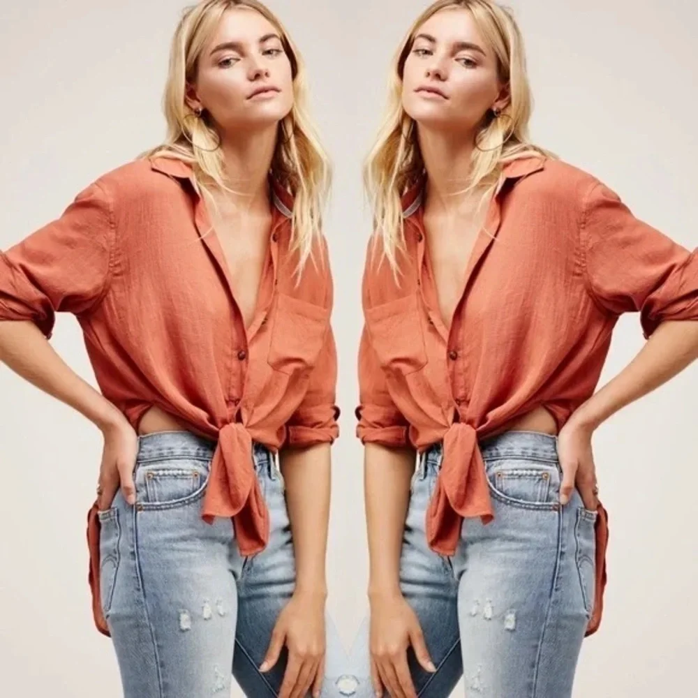 Free People Womens That's a Wrap Button Down Tie Front Shirt in Peach Coral Pink